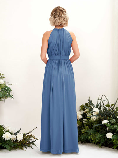 Carlyna A-Linien-Kleid Bodenlang Rundhals Chiffon Brautjungfernkleider Staubiges Blau #farbe_staubiges-blau