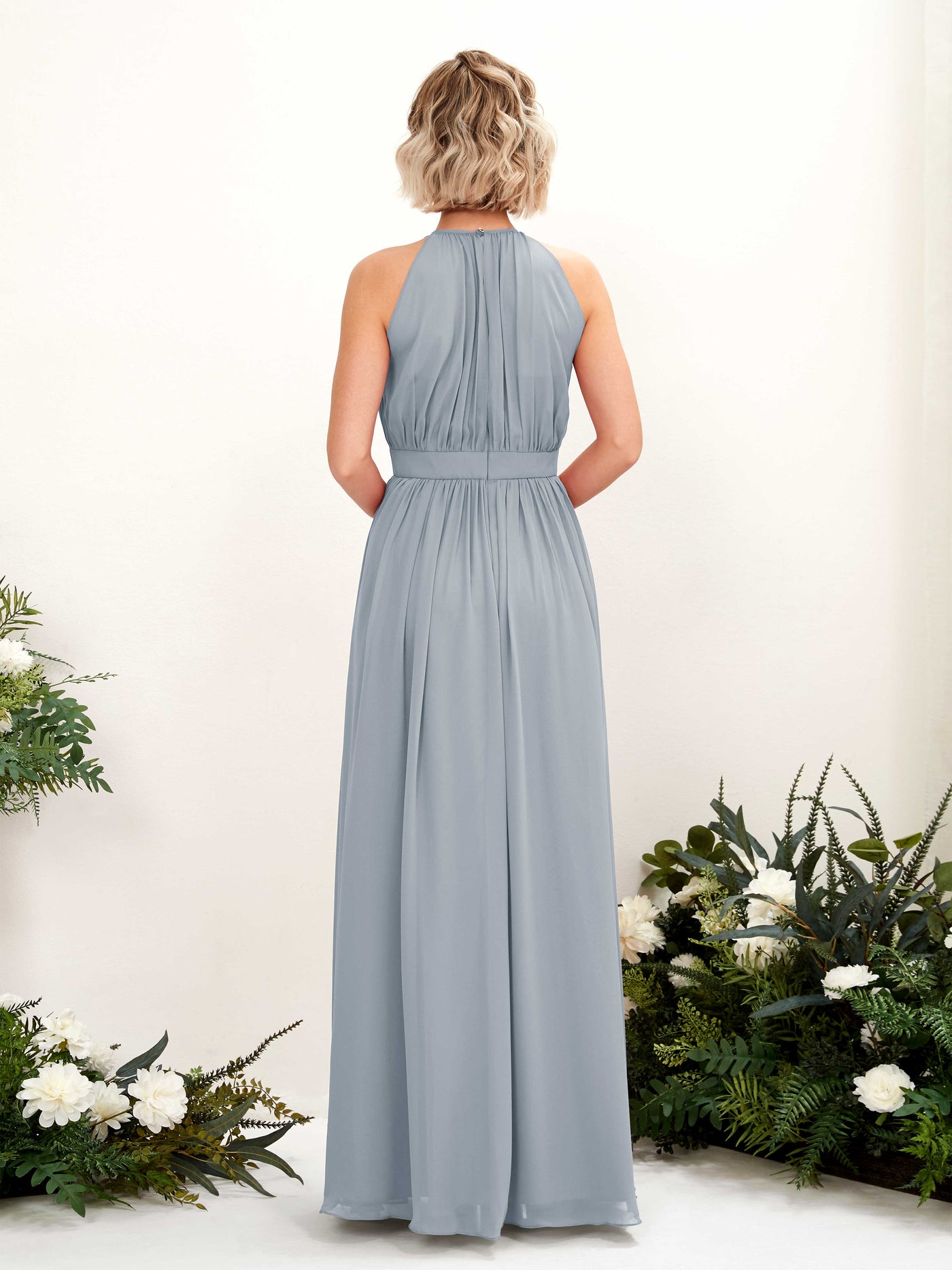 Carlyna A-Linien-Kleid Bodenlang Rundhals Chiffon Brautjungfernkleider Staubiges Blau-Upgrade #farbe_staubiges-blau-upgrade