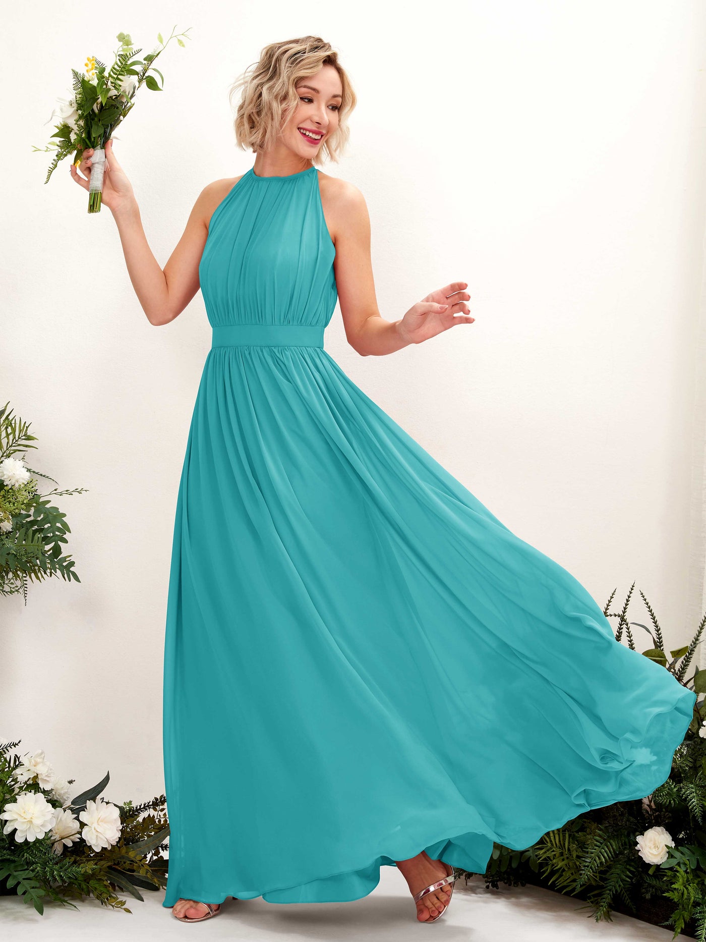 Carlyna A-Linien-Kleid Bodenlang Rundhals Chiffon Brautjungfernkleider Türkis #farbe_t-rkis