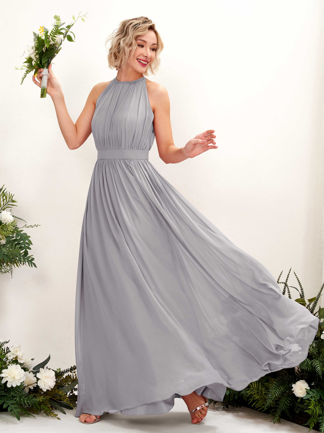 Carlyna A-Linien-Kleid Bodenlang Rundhals Chiffon Brautjungfernkleider Taube 