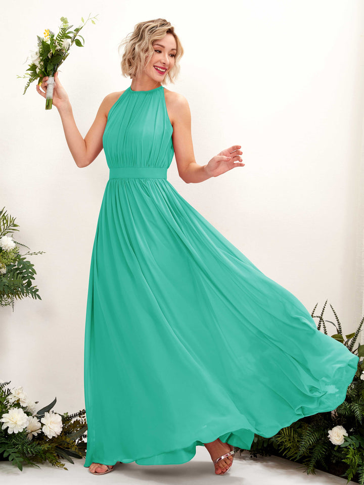 Carlyna A-Linien-Kleid Bodenlang Rundhals Chiffon Brautjungfernkleider Tiffany-Blau 