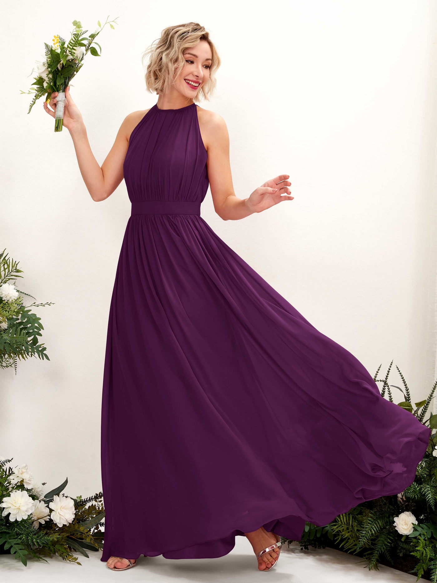 Carlyna A-Linien-Kleid Bodenlang Rundhals Chiffon Brautjungfernkleider Traube #farbe_traube