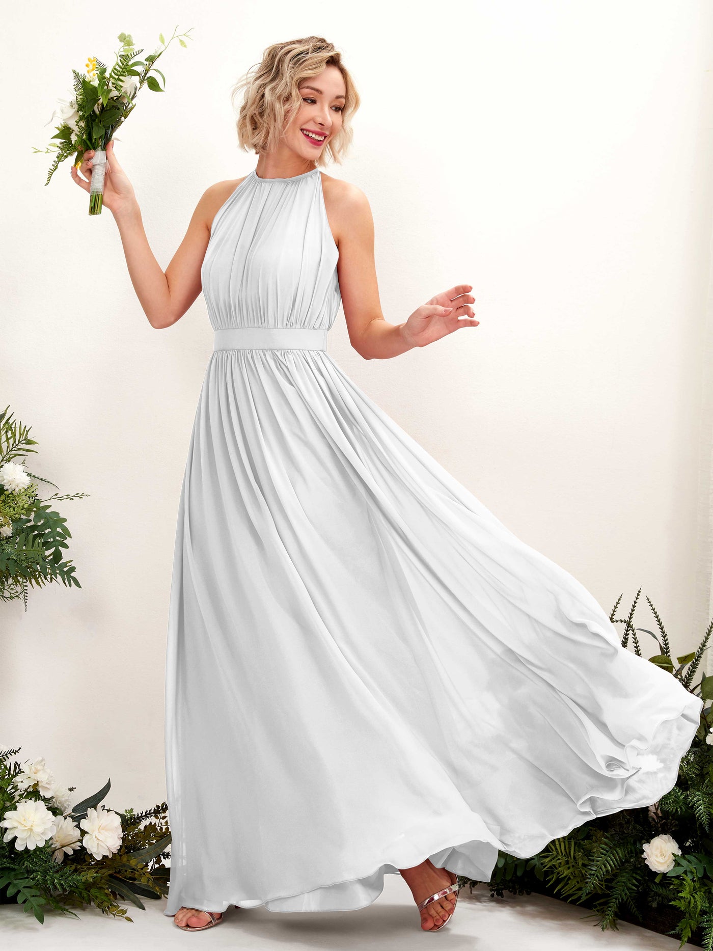 Carlyna A-Linien-Kleid Bodenlang Rundhals Chiffon Brautjungfernkleider Weiß #farbe_wei