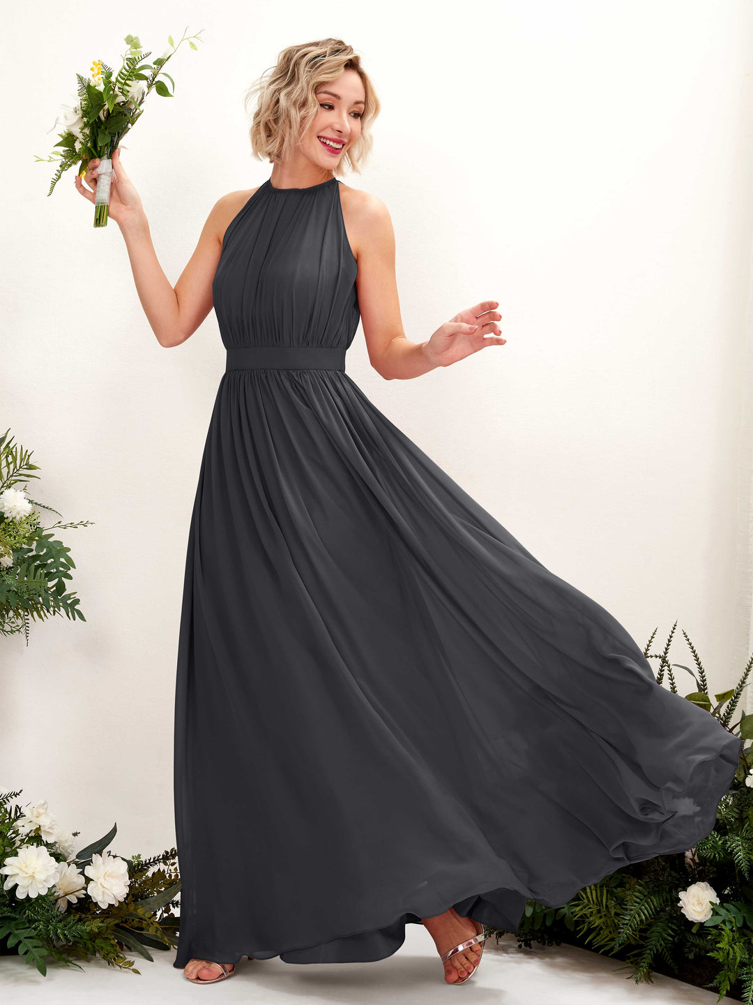 Carlyna A-Linien-Kleid Bodenlang Rundhals Chiffon Brautjungfernkleider Zinnfarben 