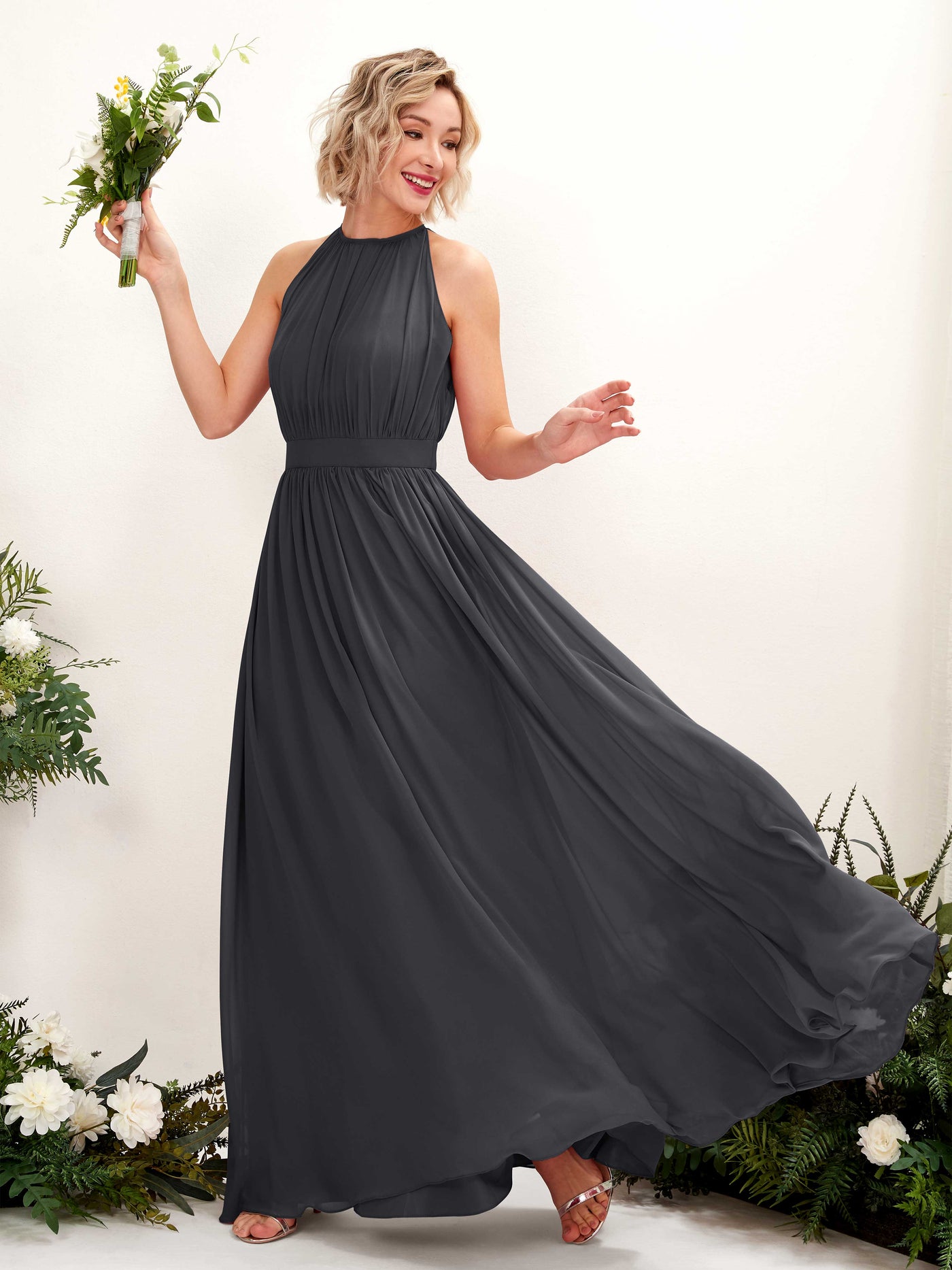 Carlyna A-Linien-Kleid Bodenlang Rundhals Chiffon Brautjungfernkleider Zinnfarben #farbe_zinnfarben