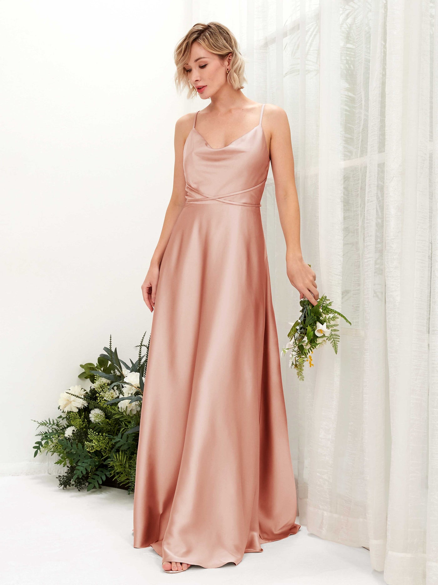 Carlyna A-Linien Kleid Bodenlang Wasserfallausschnitt Brautjungfernkleider Cantaloupe #farbe_cantaloupe
