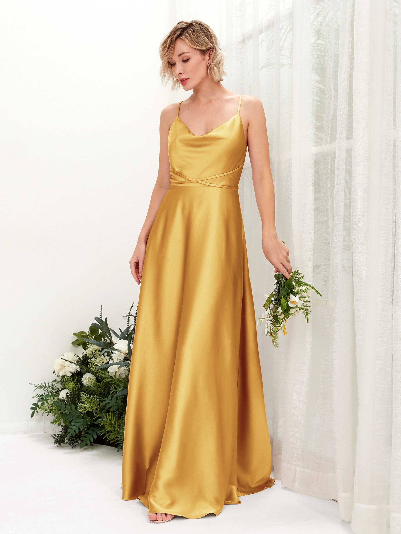 Carlyna A-Linien Kleid Bodenlang Wasserfallausschnitt Brautjungfernkleider Kanariengelb #farbe_kanariengelb
