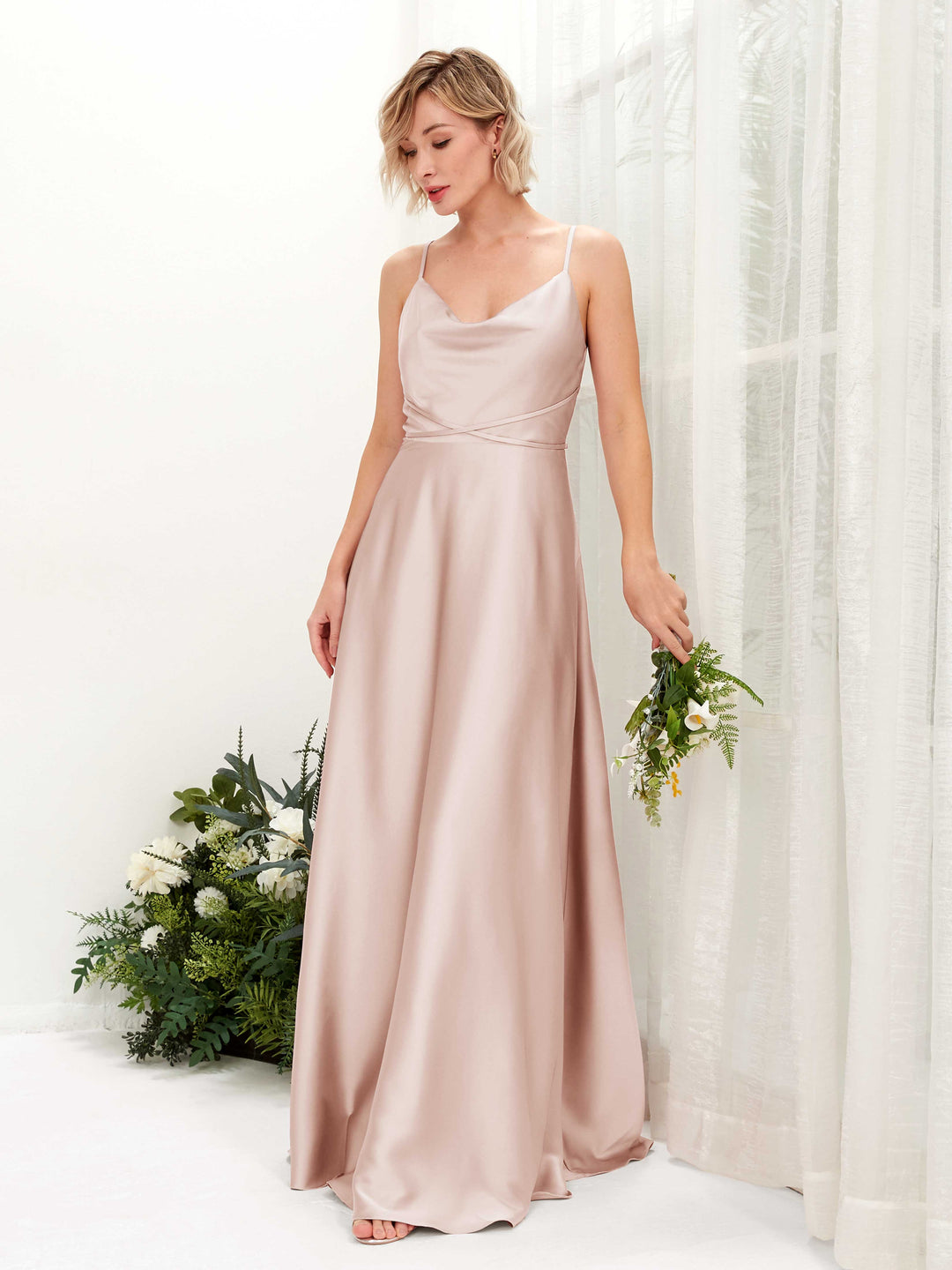 Carlyna A-Linien Kleid Bodenlang Wasserfallausschnitt Brautjungfernkleider Perlrosa 