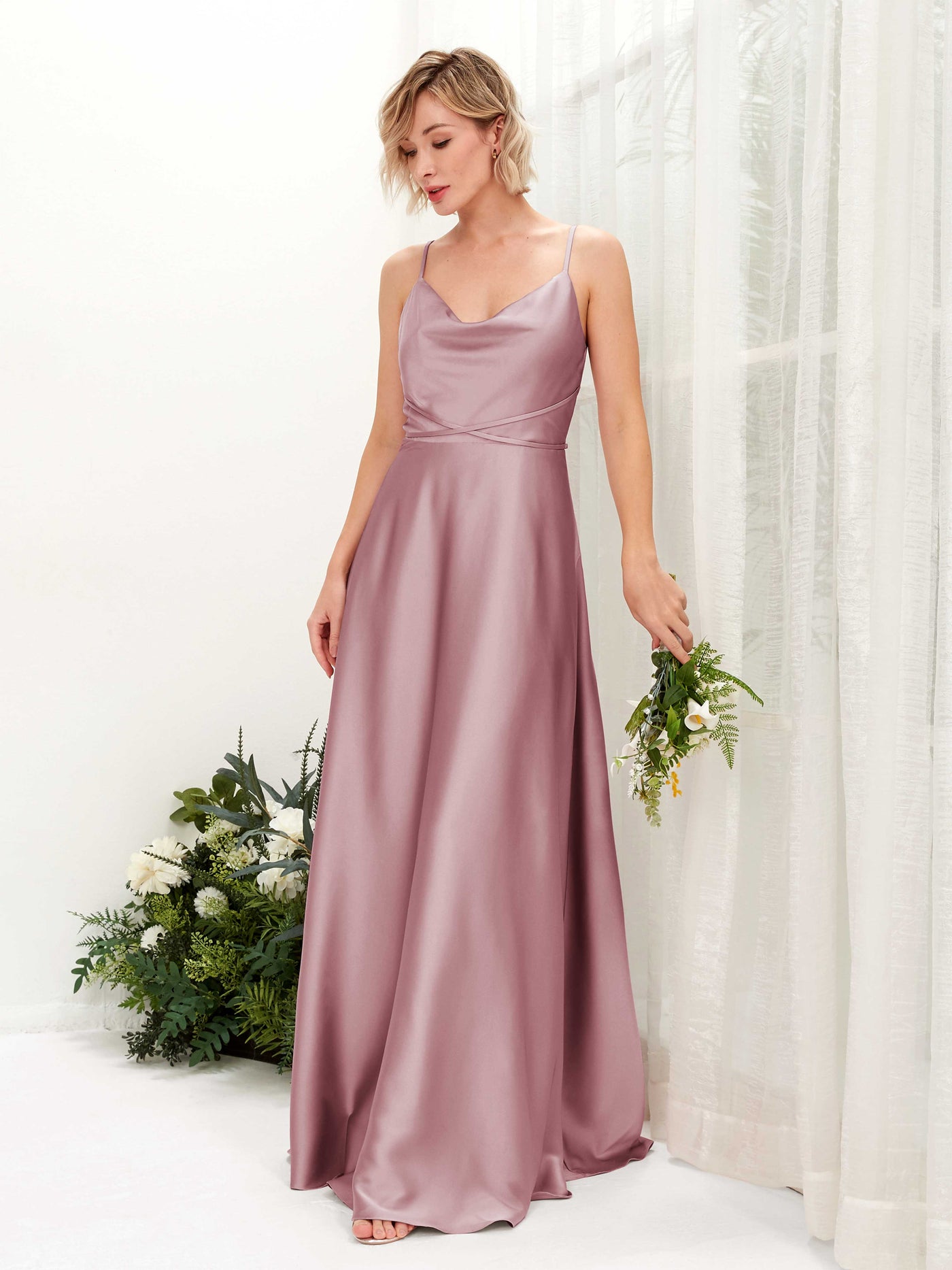 Carlyna A-Linien Kleid Bodenlang Wasserfallausschnitt Brautjungfernkleider Rosenquarz #farbe_rosenquarz