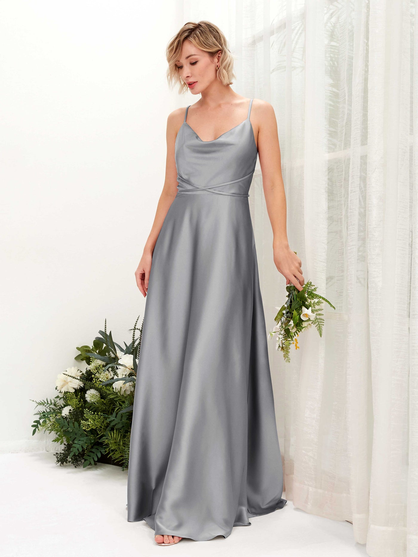 Carlyna A-Linien Kleid Bodenlang Wasserfallausschnitt Brautjungfernkleider Stahlgrau #farbe_stahlgrau