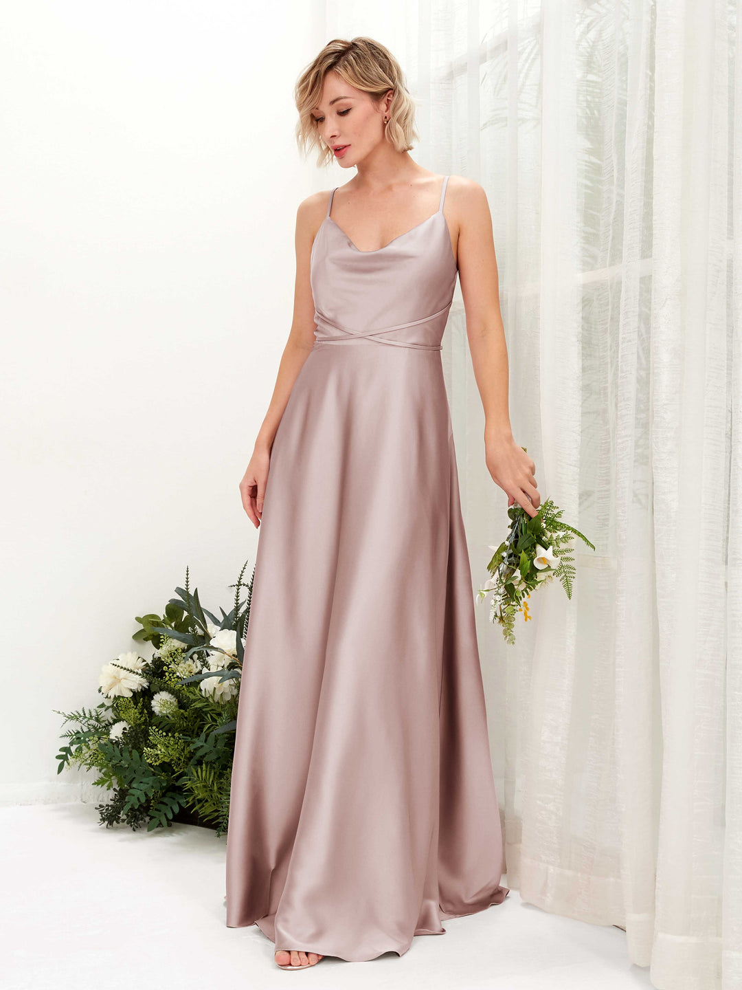 Carlyna A-Linien Kleid Bodenlang Wasserfallausschnitt Brautjungfernkleider Staubige Rose 