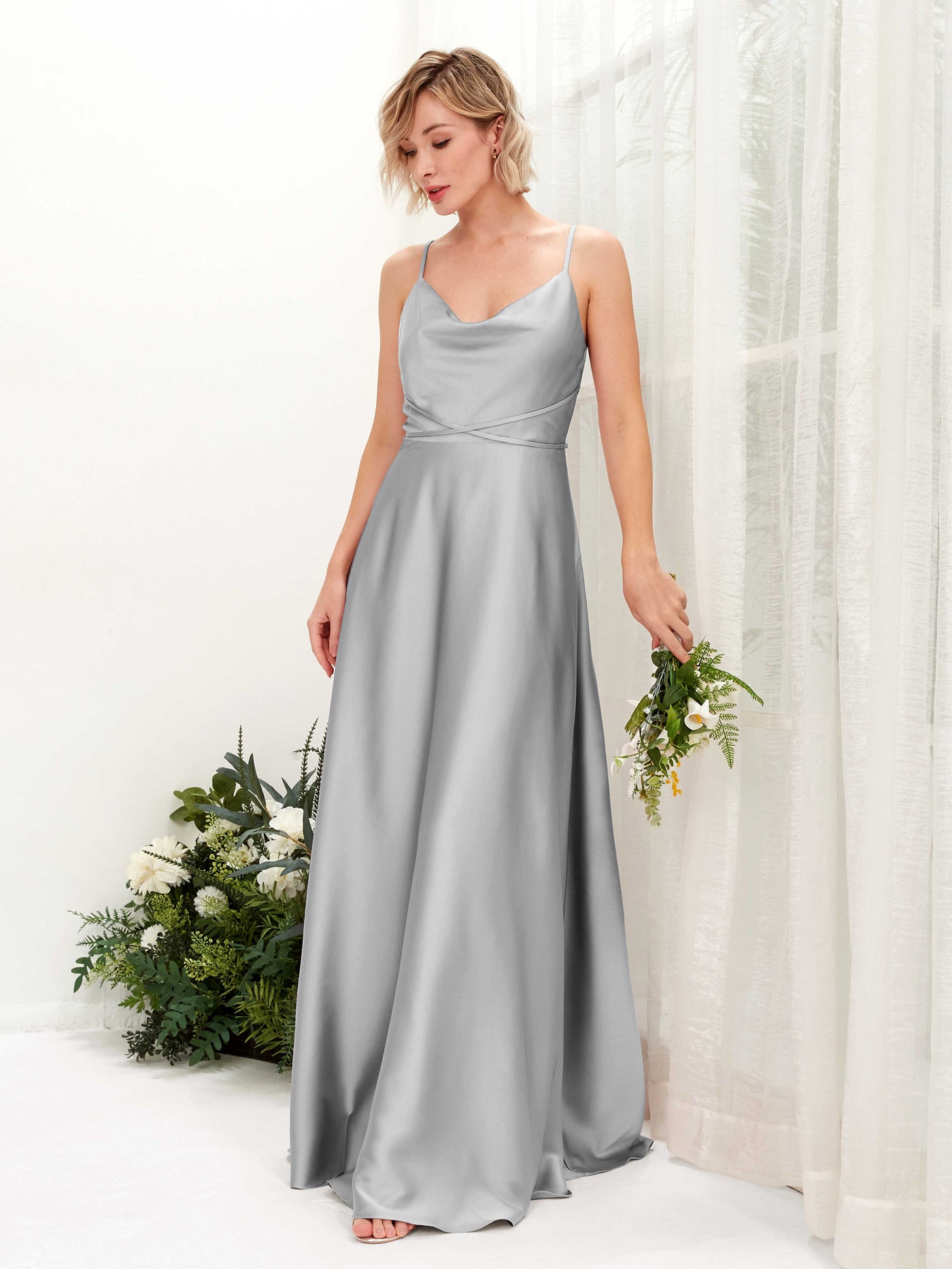 Carlyna A-Linien Kleid Bodenlang Wasserfallausschnitt Brautjungfernkleider Taube #farbe_taube