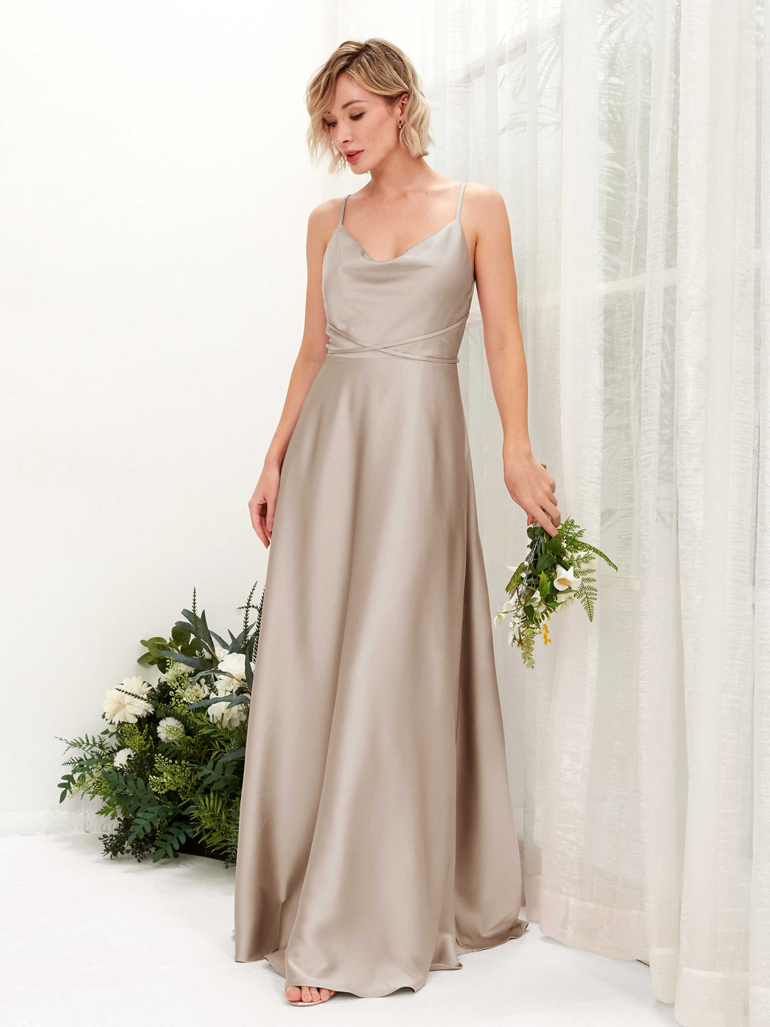 Carlyna A-Linien Kleid Bodenlang Wasserfallausschnitt Brautjungfernkleider Taupe 