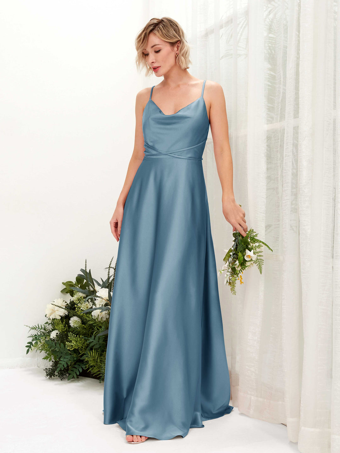 Carlyna A-Linien Kleid Bodenlang Wasserfallausschnitt Brautjungfernkleider Tinte Blau 