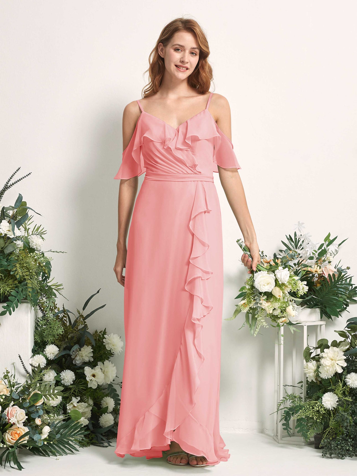Carlyna A-Linien-Kleid Carmen-Ausschnitt Bodenlang Chiffon Brautjungfernkleider Ballettrosa #farbe_ballettrosa