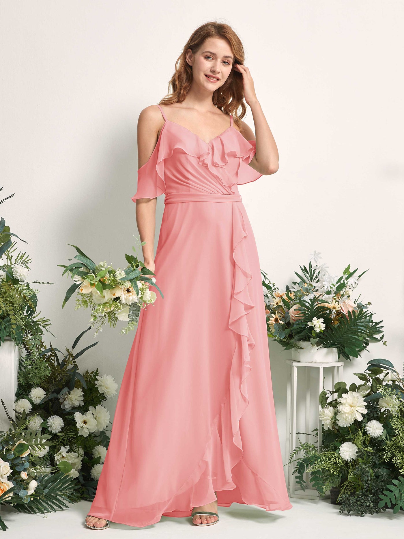 Carlyna A-Linien-Kleid Carmen-Ausschnitt Bodenlang Chiffon Brautjungfernkleider Ballettrosa #farbe_ballettrosa