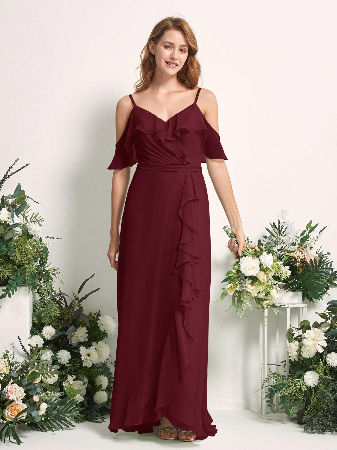 Carlyna A-Linien-Kleid Carmen-Ausschnitt Bodenlang Chiffon Brautjungfernkleider Burgunderrot #farbe_burgunderrot