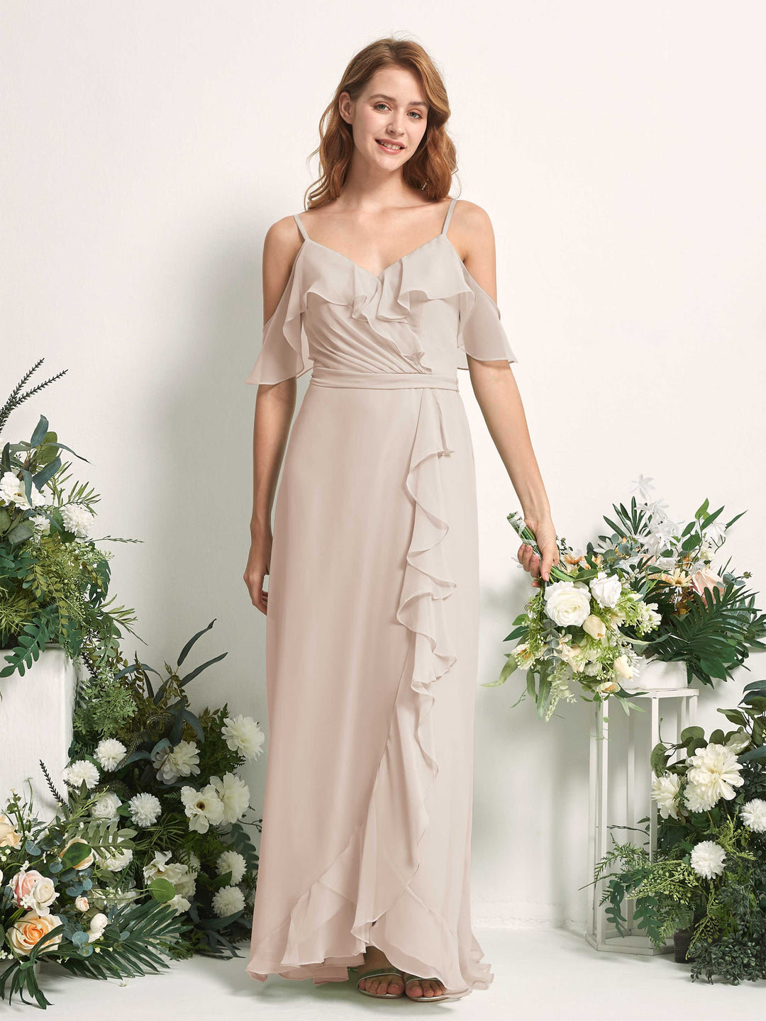 Carlyna A-Linien-Kleid Carmen-Ausschnitt Bodenlang Chiffon Brautjungfernkleider Champagner 