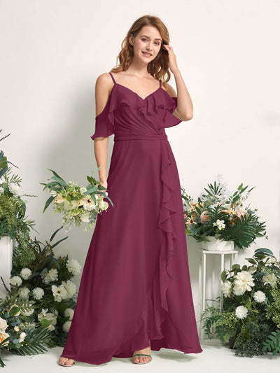 Carlyna A-Linien-Kleid Carmen-Ausschnitt Bodenlang Chiffon Brautjungfernkleider Chianti #farbe_chianti