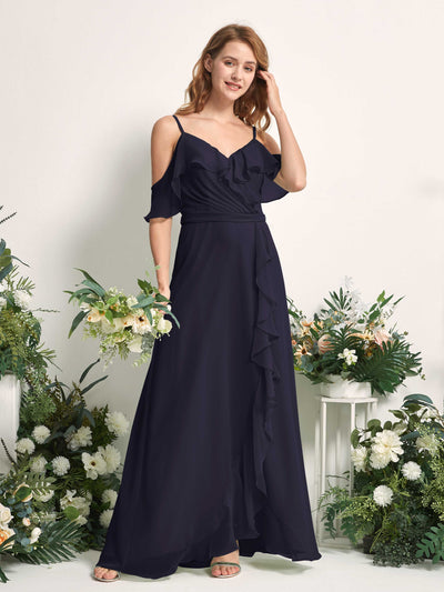 Carlyna A-Linien-Kleid Carmen-Ausschnitt Bodenlang Chiffon Brautjungfernkleider Dunkel Marineblau #farbe_dunkel-marineblau