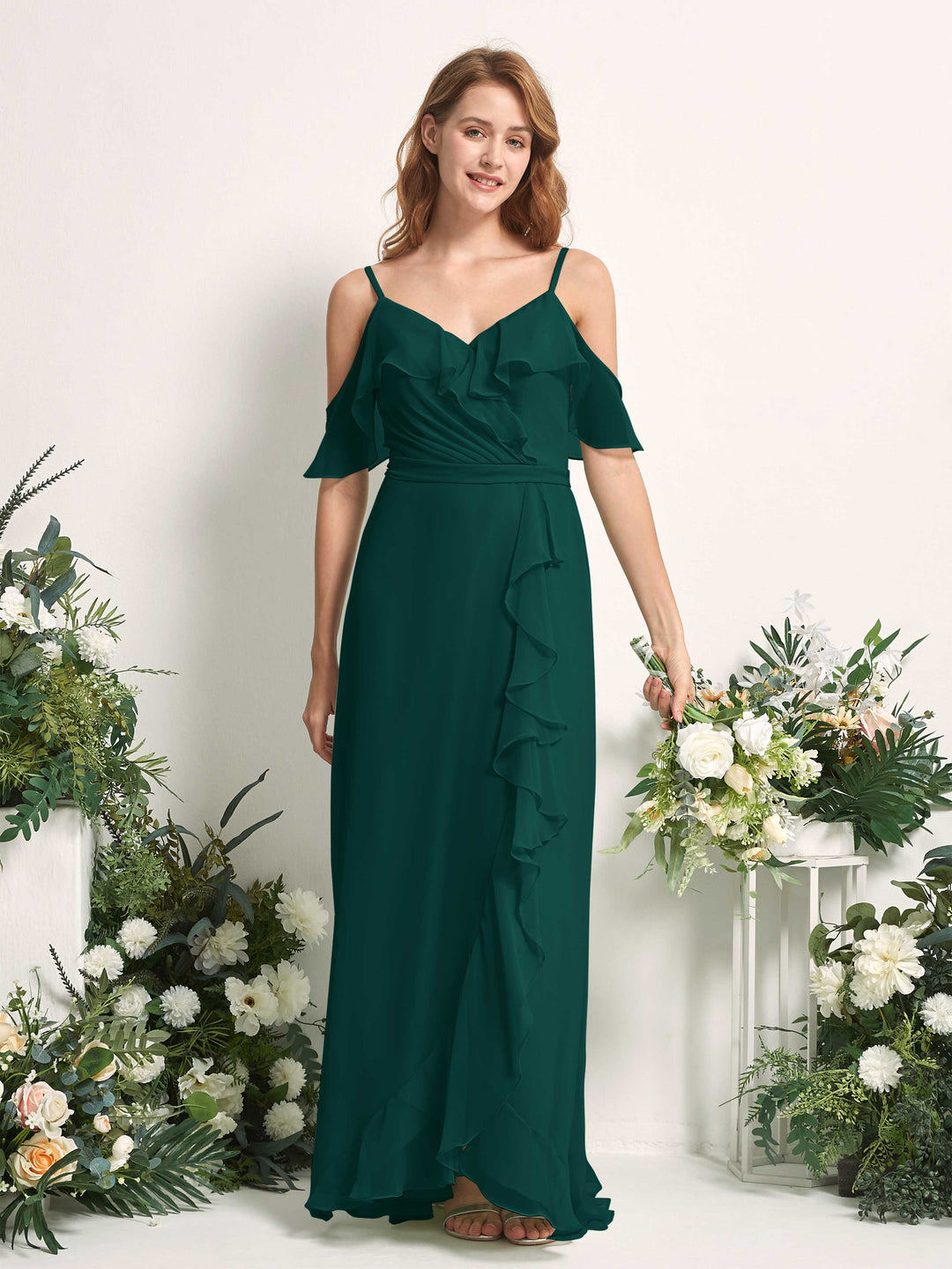Carlyna A-Linien-Kleid Carmen-Ausschnitt Bodenlang Chiffon Brautjungfernkleider Dunkelsmaragd 