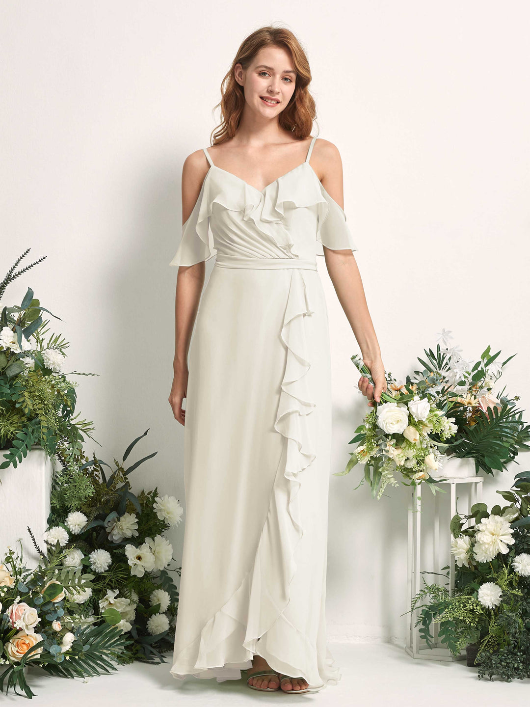 Carlyna A-Linien-Kleid Carmen-Ausschnitt Bodenlang Chiffon Brautjungfernkleider Elfenbein 