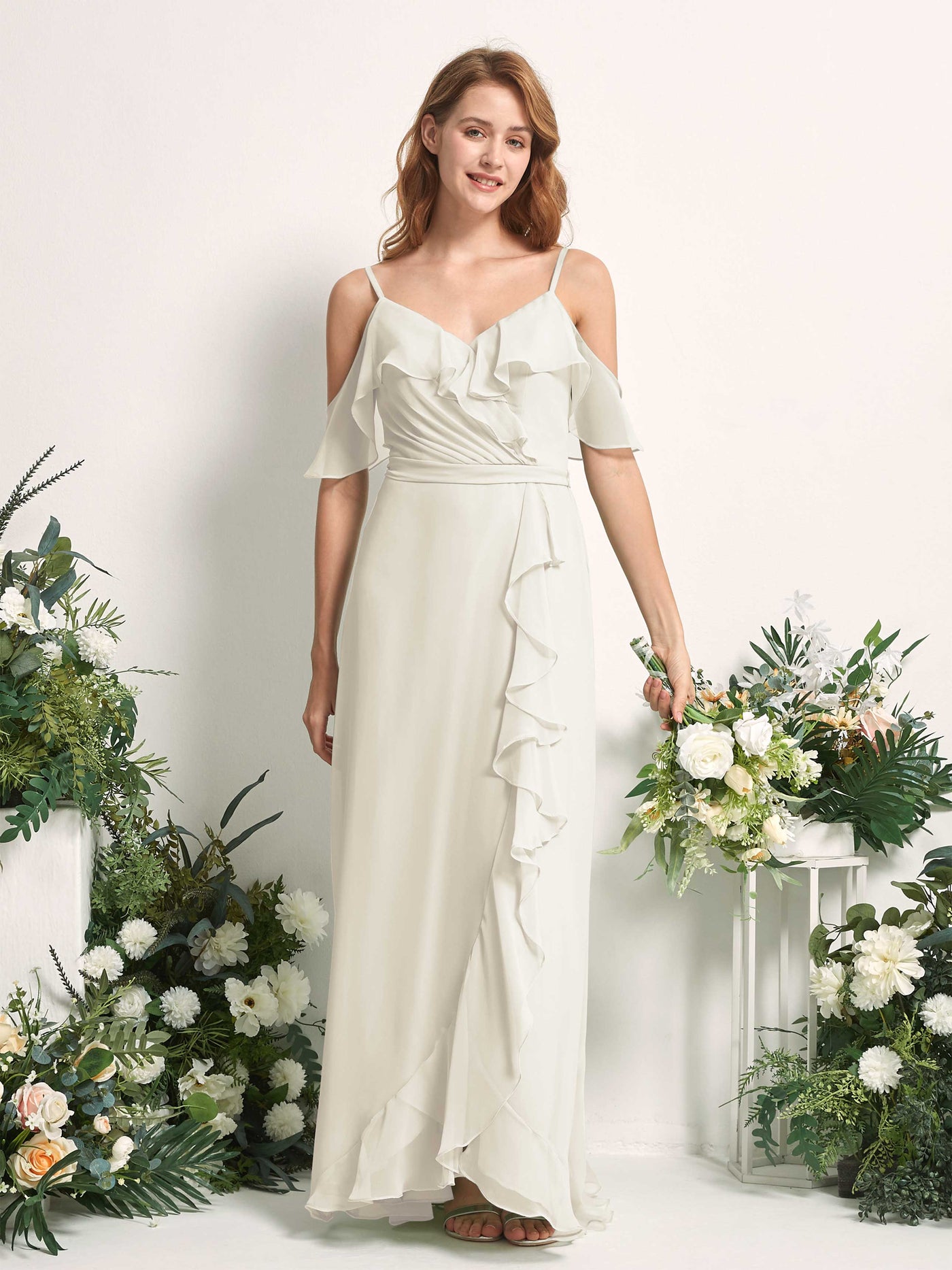 Carlyna A-Linien-Kleid Carmen-Ausschnitt Bodenlang Chiffon Brautjungfernkleider Elfenbein #farbe_elfenbein