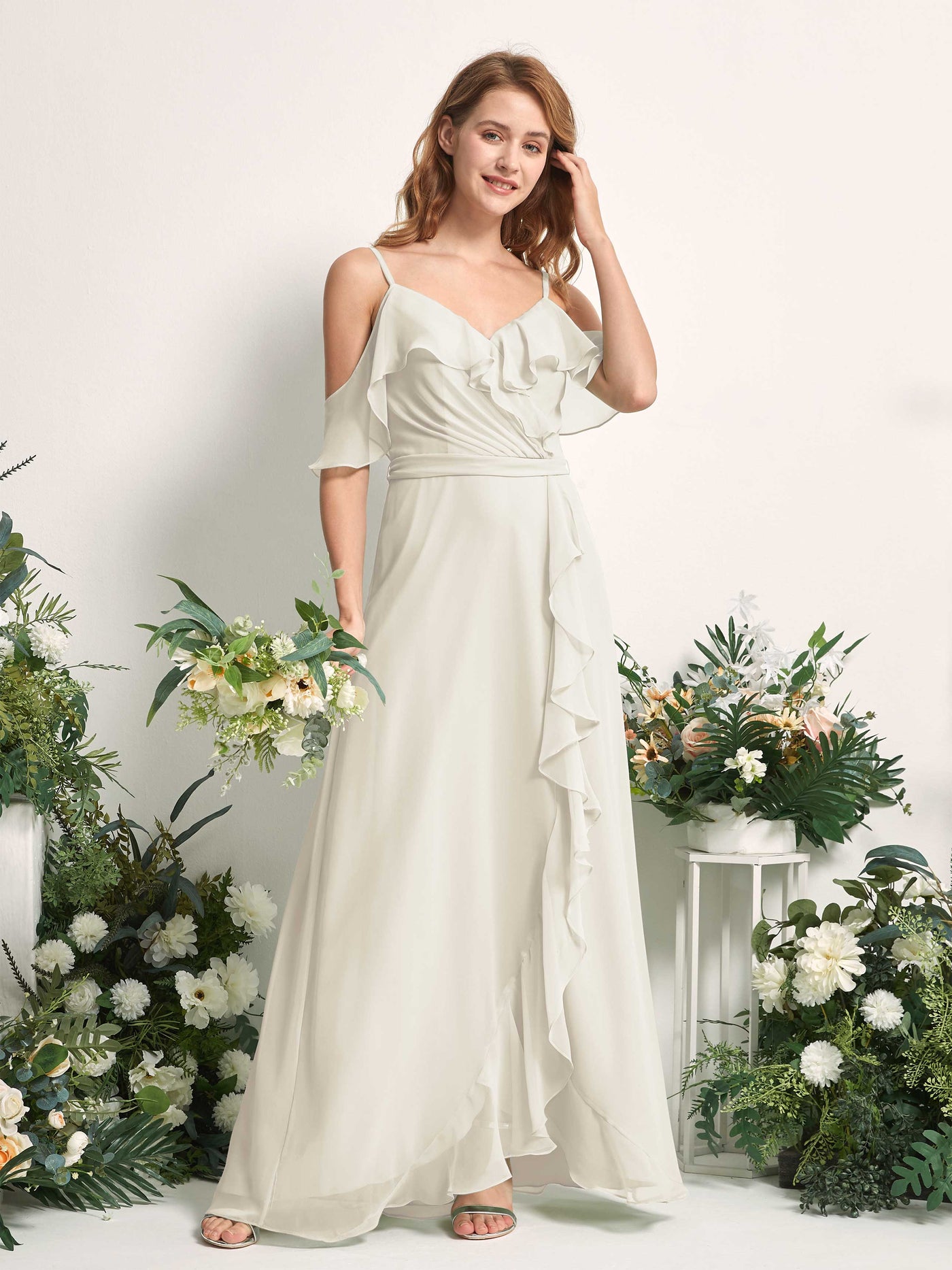 Carlyna A-Linien-Kleid Carmen-Ausschnitt Bodenlang Chiffon Brautjungfernkleider Elfenbein #farbe_elfenbein
