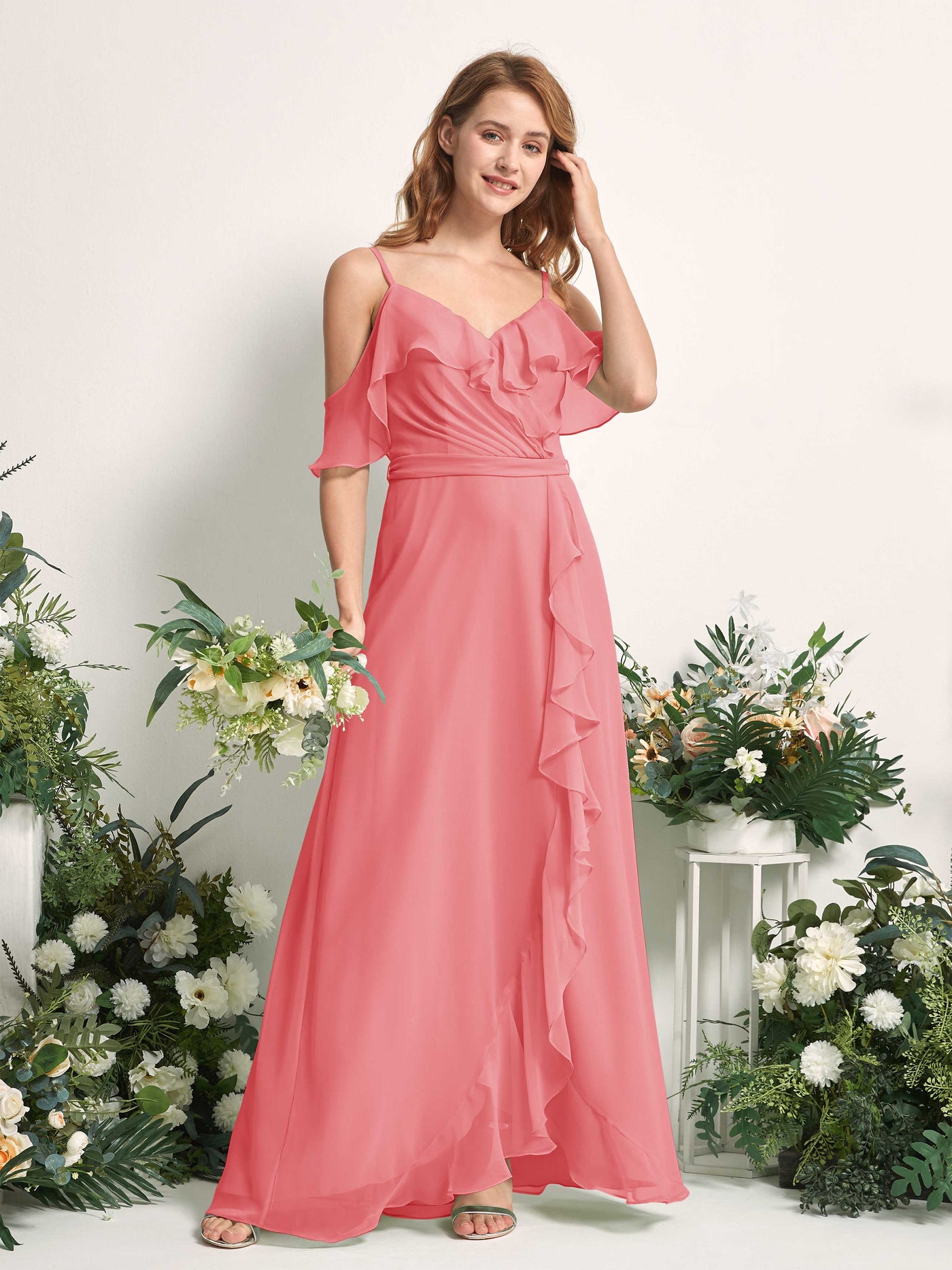 Carlyna A-Linien-Kleid Carmen-Ausschnitt Bodenlang Chiffon Brautjungfernkleider Korallenrosa #farbe_korallenrosa
