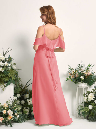 Carlyna A-Linien-Kleid Carmen-Ausschnitt Bodenlang Chiffon Brautjungfernkleider Korallenrosa #farbe_korallenrosa