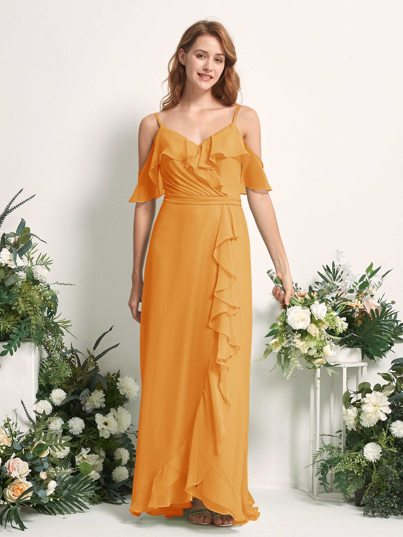 Carlyna A-Linien-Kleid Carmen-Ausschnitt Bodenlang Chiffon Brautjungfernkleider Mango #farbe_mango