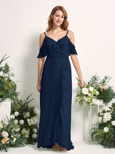 Carlyna A-Linien-Kleid Carmen-Ausschnitt Bodenlang Chiffon Brautjungfernkleider Marineblau #farbe_marineblau