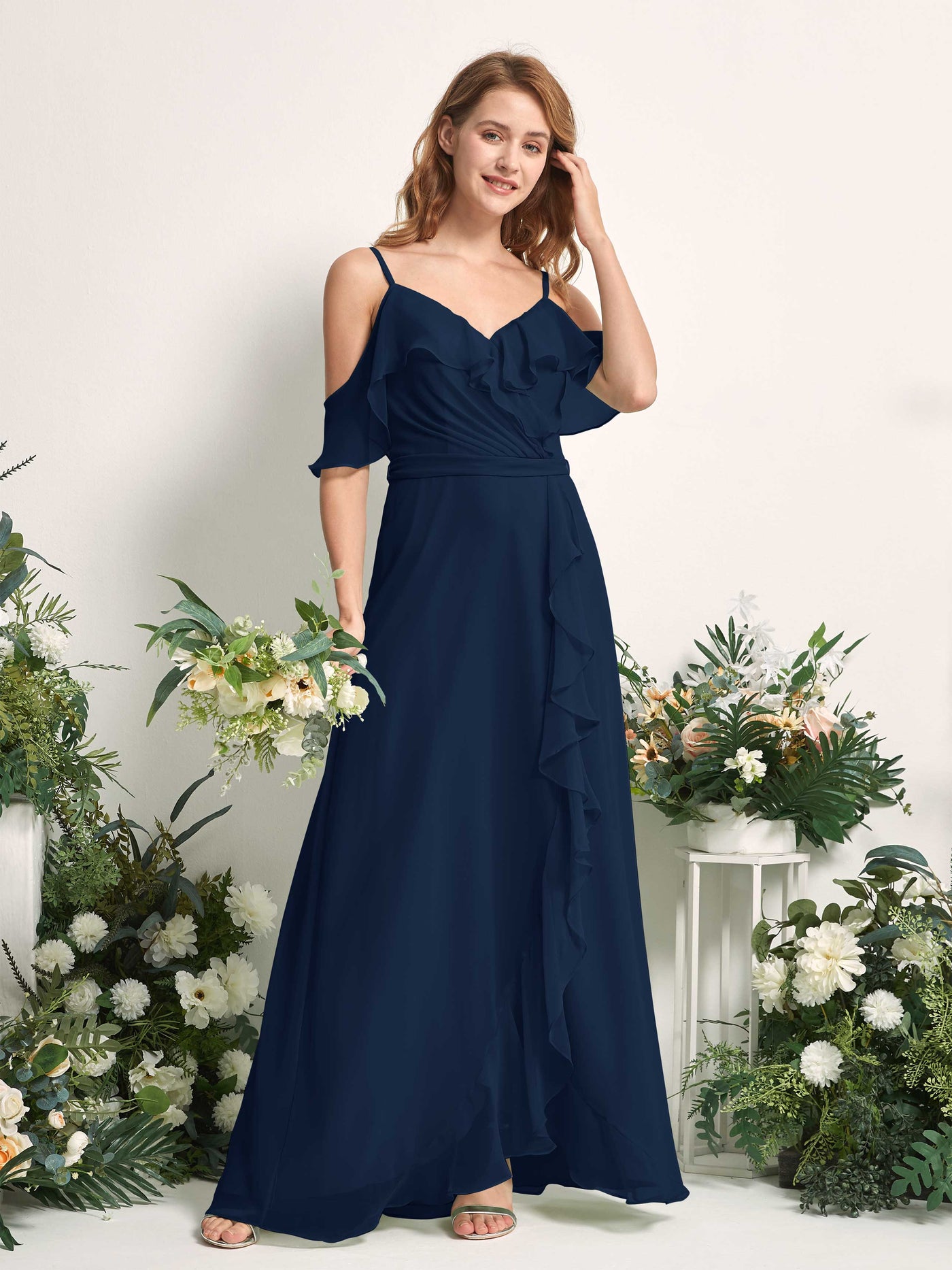 Carlyna A-Linien-Kleid Carmen-Ausschnitt Bodenlang Chiffon Brautjungfernkleider Marineblau #farbe_marineblau