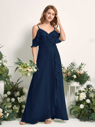 Carlyna A-Linien-Kleid Carmen-Ausschnitt Bodenlang Chiffon Brautjungfernkleider Marineblau #farbe_marineblau