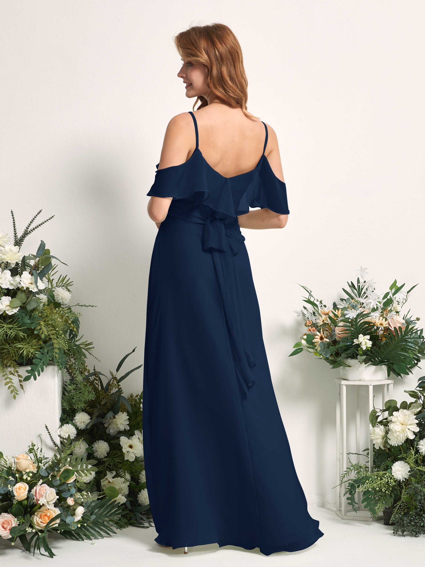 Carlyna A-Linien-Kleid Carmen-Ausschnitt Bodenlang Chiffon Brautjungfernkleider Marineblau #farbe_marineblau