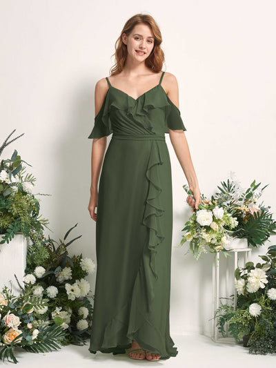Carlyna A-Linien-Kleid Carmen-Ausschnitt Bodenlang Chiffon Brautjungfernkleider Martini-Olive #farbe_martini-olive