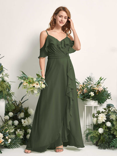 Carlyna A-Linien-Kleid Carmen-Ausschnitt Bodenlang Chiffon Brautjungfernkleider Martini-Olive #farbe_martini-olive