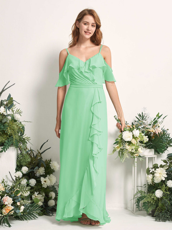 Carlyna A-Linien-Kleid Carmen-Ausschnitt Bodenlang Chiffon Brautjungfernkleider Minzgrün 