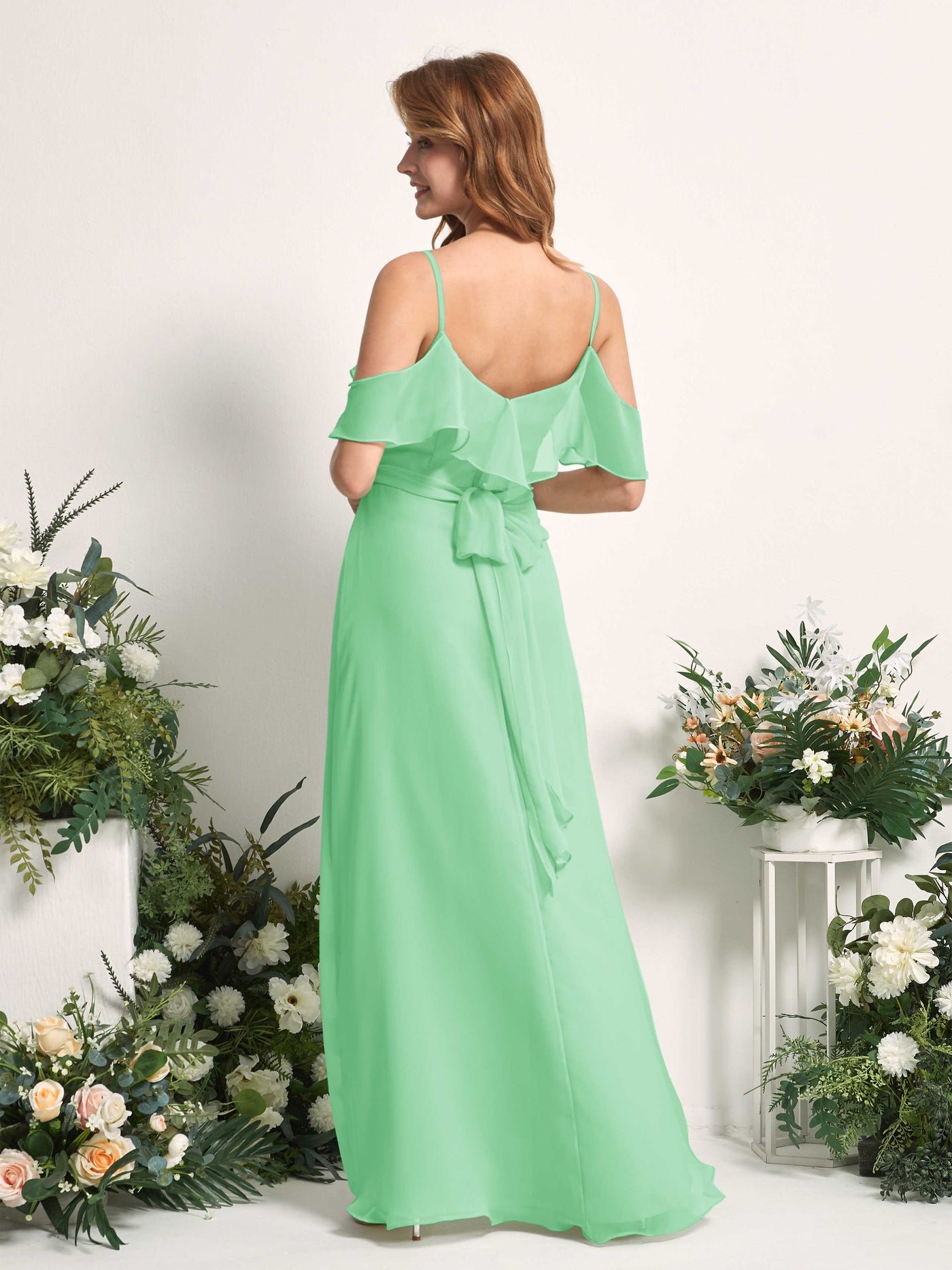 Carlyna A-Linien-Kleid Carmen-Ausschnitt Bodenlang Chiffon Brautjungfernkleider Minzgrün #farbe_minzgr-n
