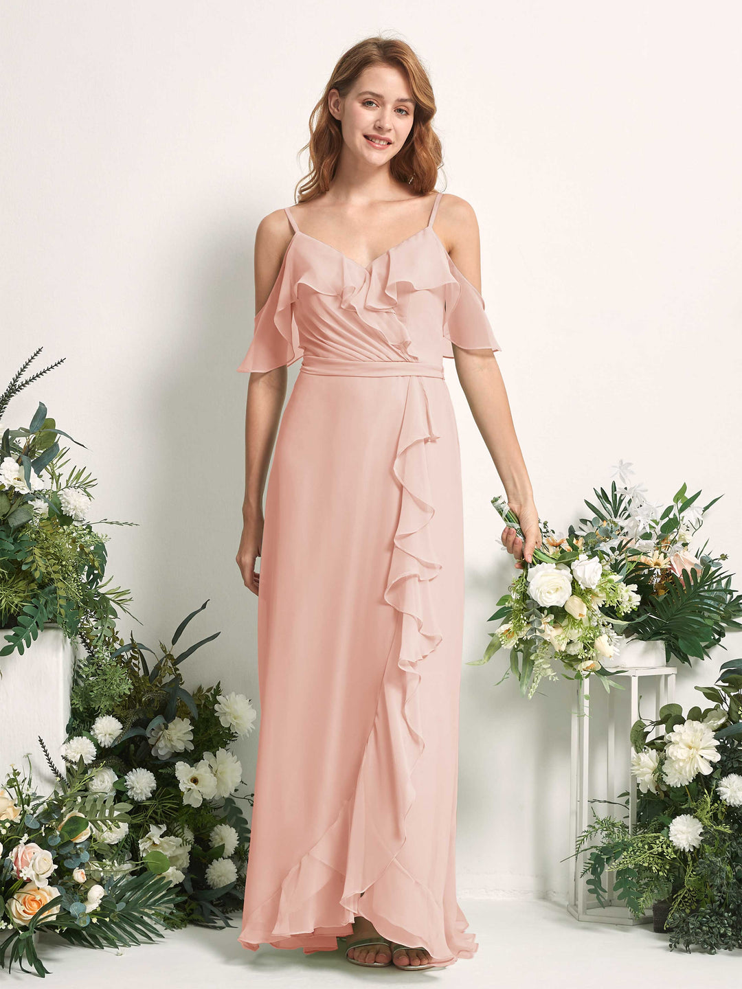 Carlyna A-Linien-Kleid Carmen-Ausschnitt Bodenlang Chiffon Brautjungfernkleider Perlrosa 
