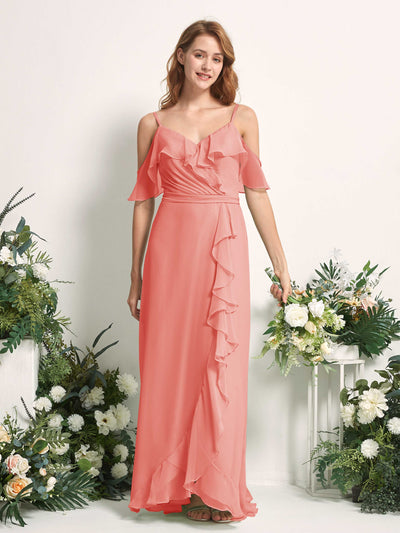 Carlyna A-Linien-Kleid Carmen-Ausschnitt Bodenlang Chiffon Brautjungfernkleider Pfirsichrosa #farbe_pfirsichrosa