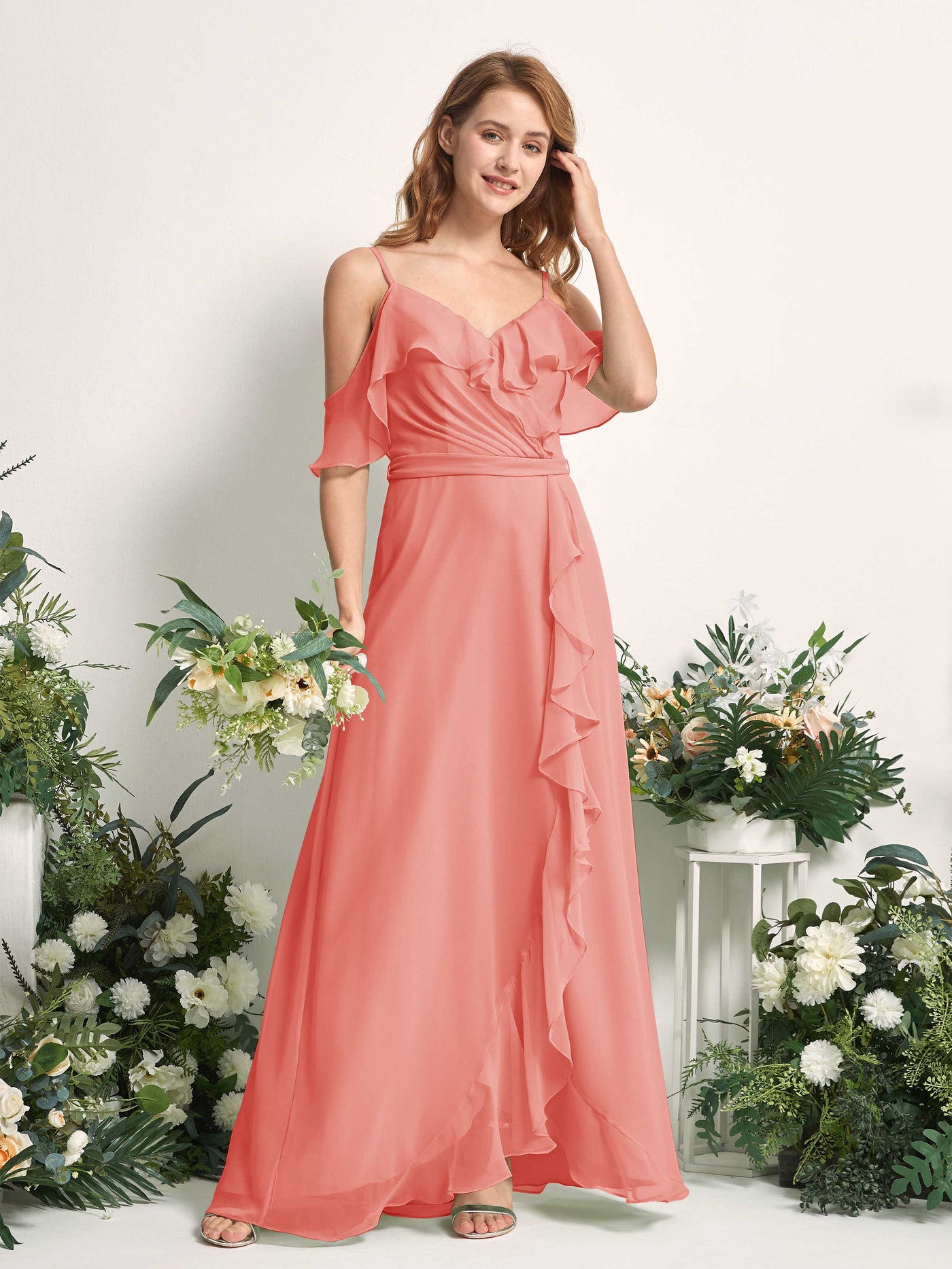 Carlyna A-Linien-Kleid Carmen-Ausschnitt Bodenlang Chiffon Brautjungfernkleider Pfirsichrosa #farbe_pfirsichrosa