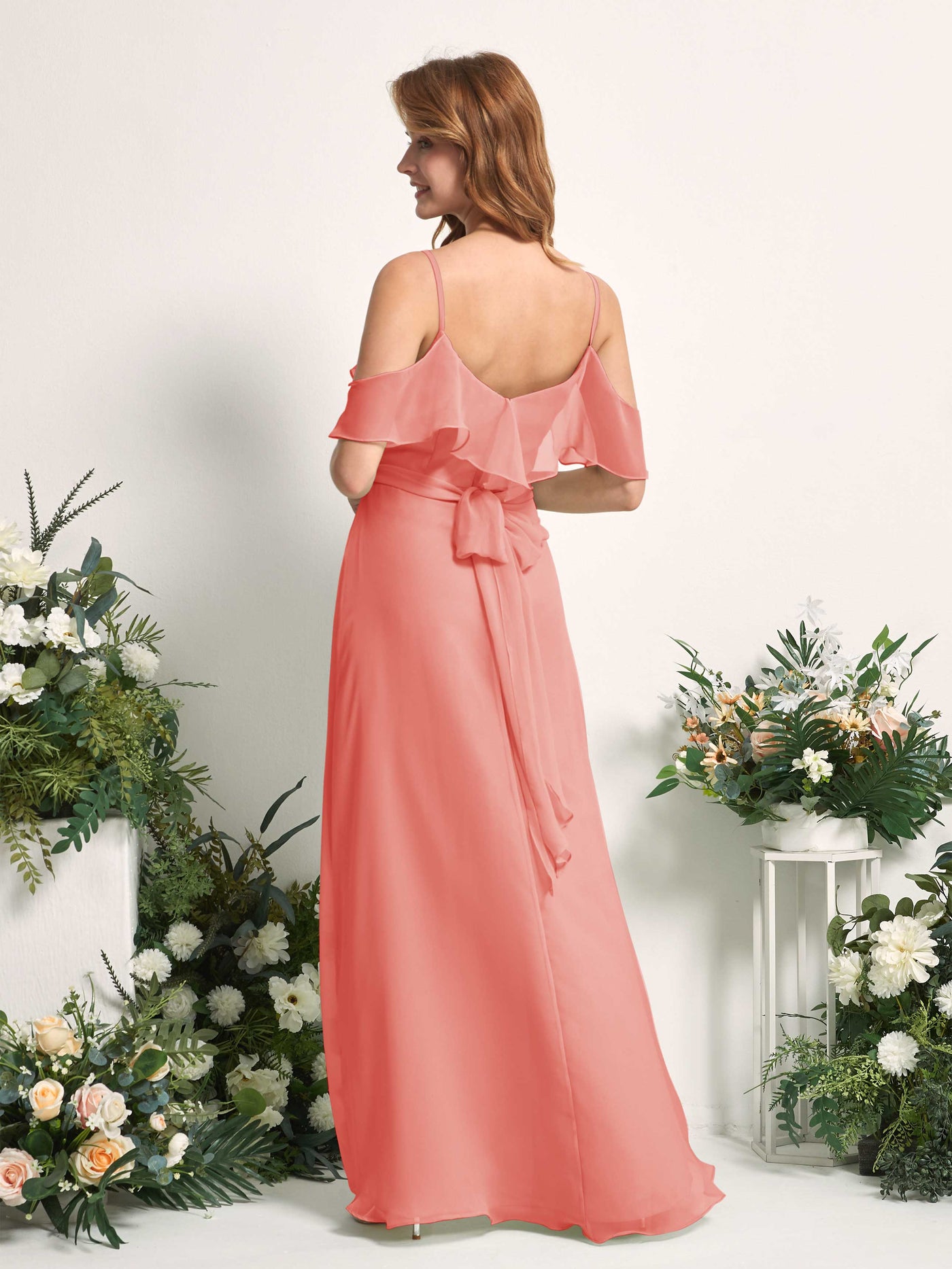 Carlyna A-Linien-Kleid Carmen-Ausschnitt Bodenlang Chiffon Brautjungfernkleider Pfirsichrosa #farbe_pfirsichrosa