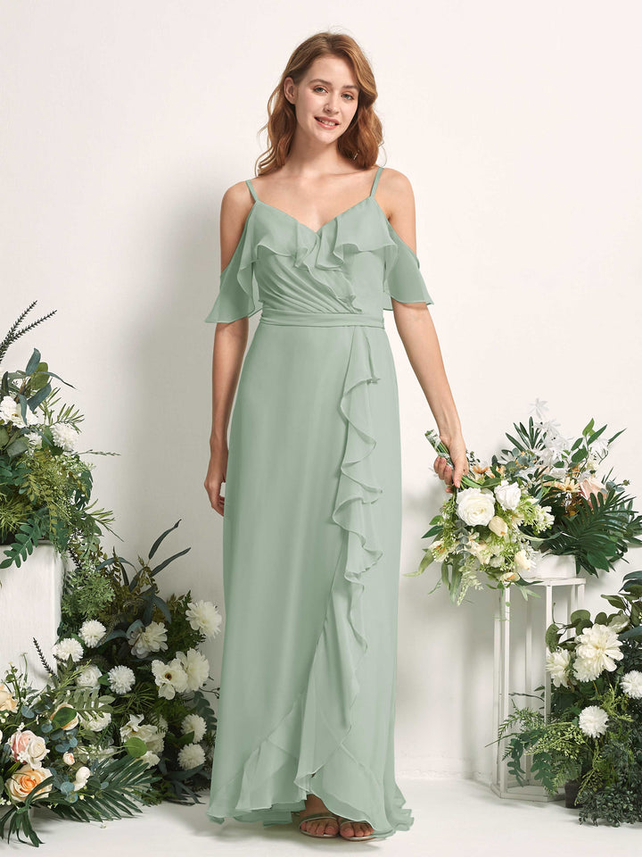 Carlyna A-Linien-Kleid Carmen-Ausschnitt Bodenlang Chiffon Brautjungfernkleider Salbeigrün 