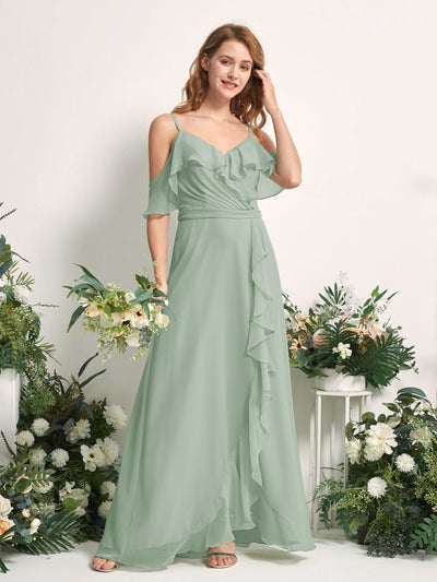 Carlyna A-Linien-Kleid Carmen-Ausschnitt Bodenlang Chiffon Brautjungfernkleider Salbeigrün #farbe_salbeigr-n