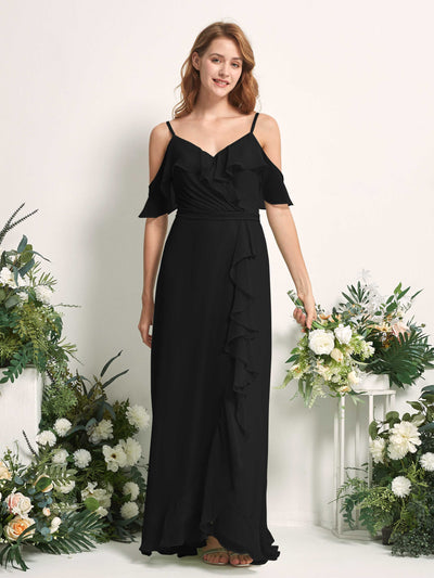 Carlyna A-Linien-Kleid Carmen-Ausschnitt Bodenlang Chiffon Brautjungfernkleider Schwarz #farbe_schwarz