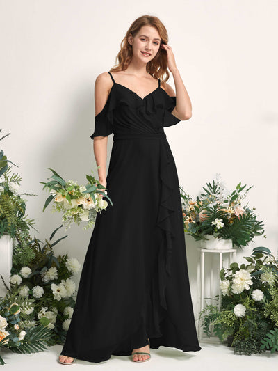 Carlyna A-Linien-Kleid Carmen-Ausschnitt Bodenlang Chiffon Brautjungfernkleider Schwarz #farbe_schwarz