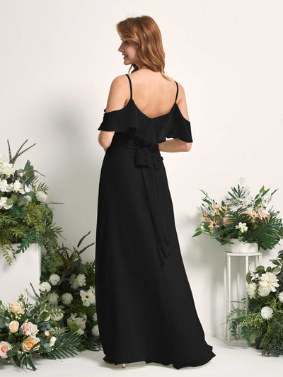 Carlyna A-Linien-Kleid Carmen-Ausschnitt Bodenlang Chiffon Brautjungfernkleider Schwarz #farbe_schwarz
