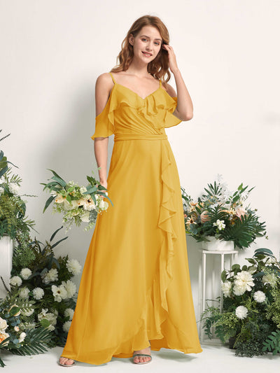 Carlyna A-Linien-Kleid Carmen-Ausschnitt Bodenlang Chiffon Brautjungfernkleider Senfgelb #farbe_senfgelb