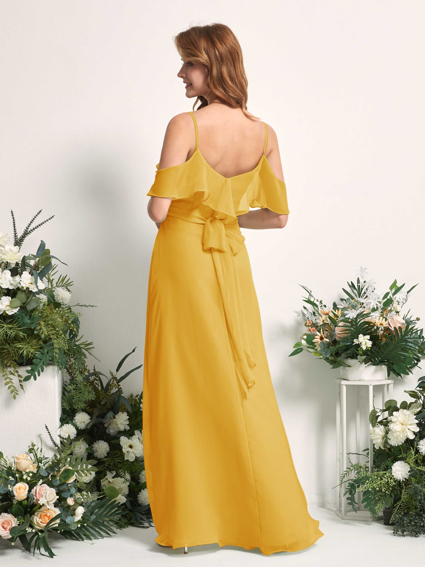 Carlyna A-Linien-Kleid Carmen-Ausschnitt Bodenlang Chiffon Brautjungfernkleider Senfgelb #farbe_senfgelb